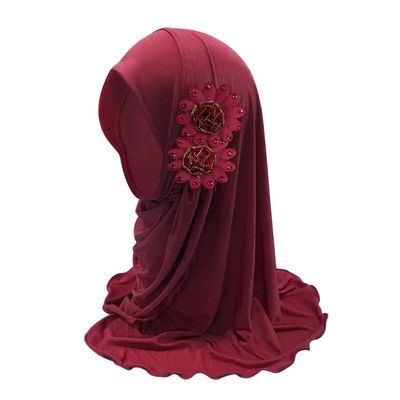 Girls Muslim Hijab Floral Lace Head Scarf Islamic Arab Scarf Shawls Head Wrap with Flowers Rhinestones for Girls