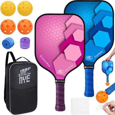 JoncAye Pickle-Ball Set of 2 - USAPA Approved Fiberglass Paddles with 4 Outdoor Indoor Balls, Carry Case, Grip Tapes - Premium Starter Kit, Blue Pink Rackets for Men Women
