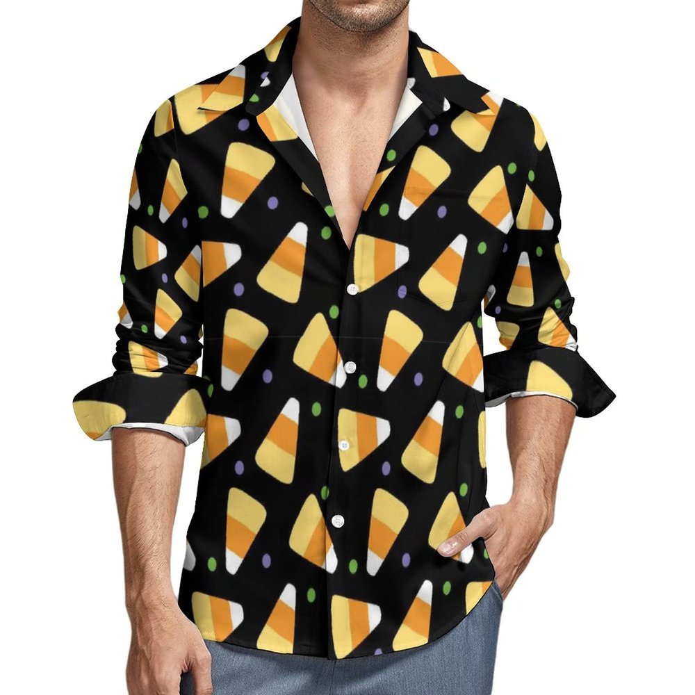 BAIKUTOUAN Cute Yummy Halloween Candy Corn Men's Loose Fit Long Sleeve Shirt Button-Up Casual Shirts 4XL