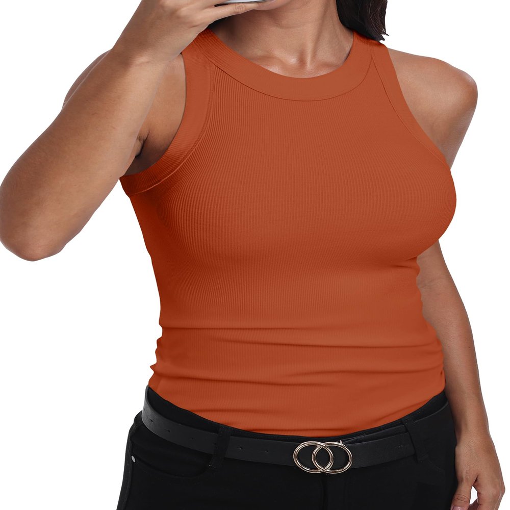 GEMBERA Womens Sleeveless Racerback High Neck Basic Ribbed Knit Fitted Tank Top Rust Orange S