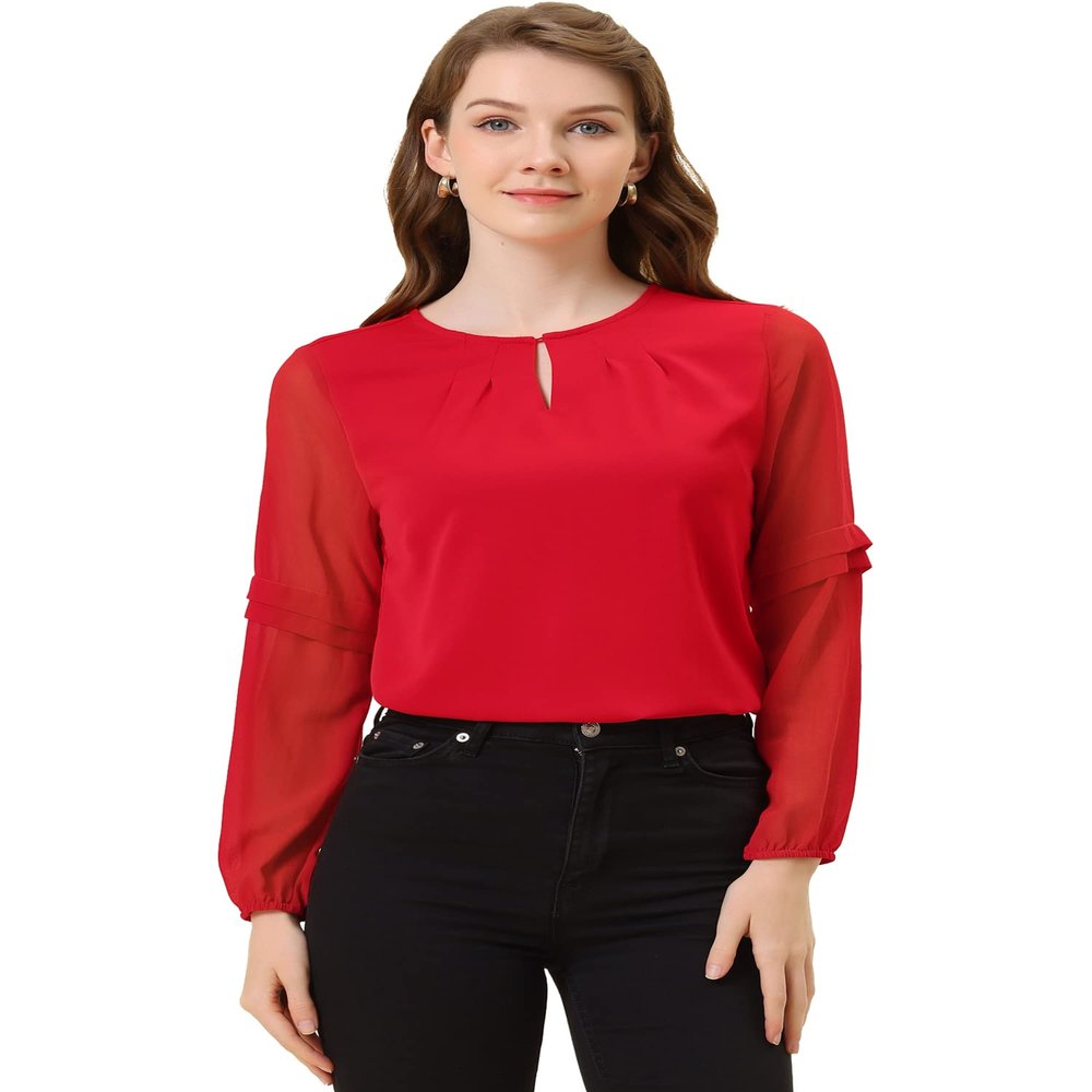 Allegra K Women's Work Tops Keyhole Neck Long Sleeve Work Shirts Blouse Dressy Casual Business Shirt Medium Red
