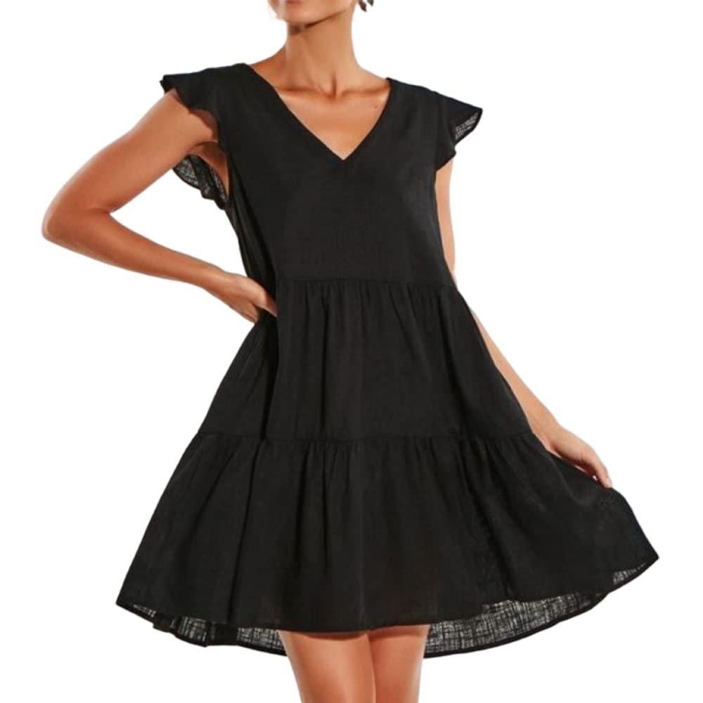 LALUNE Womens Summer Dress Sleeveless Ruffle Sleeve V Neck Mini Dress Solid Color Loose Fit Short Flowy Pleated Dress Black