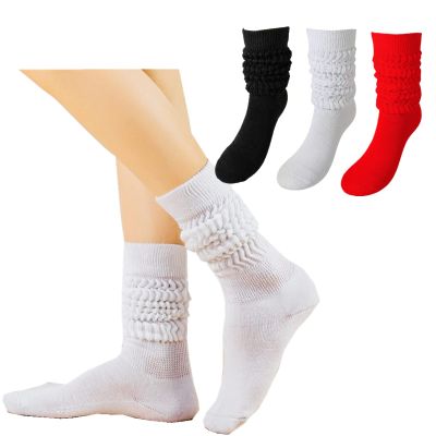 3 Pairs Womens Slouch Scrunchy Socks Colorful Extra Long Loose Stacked Chunky Boot Socks (Black+White+Red)