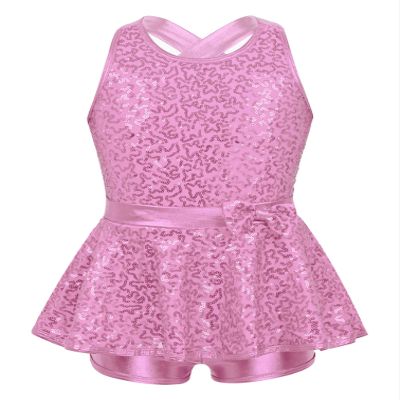 TiaoBug Kids Sequined Modern Tap Dress Criss Cross Back Jazz Ballet Leotard Shorts Dance Wear Performance Costumes Pink 16