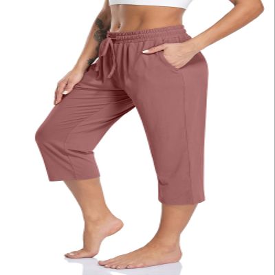TARSE Womens Summer Capris Yoga Workout Sweatpants Pockets Loose Drawstring Capri Pants Lounge Pajama Cropped Pants (Rose Pink,L)