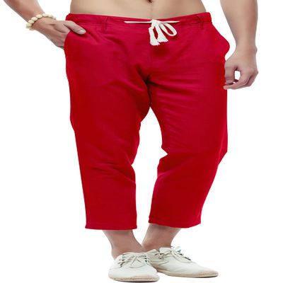 chouyatou Men's Casual Drawstring Straight Fit Beach Linen Capri Pants (Small, Red)