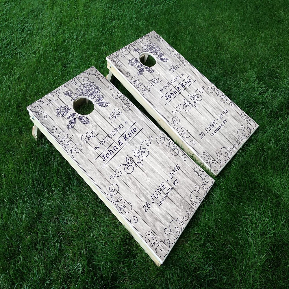 Distressed Custom Wedding Set 2 Wedding Day Marriage Last Name Couple Cornhole WRAP Set Vinyl Board Decal Baggo Bag Toss Boards * Made in The USA *