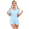 ABAFIP Women's Button V Neck Short Sleeve One Piece Shorts Romper Pajama Bodysuit Cute Print Bodycon Overall Jumpsuit Pjs Light Blue - Love heart Small