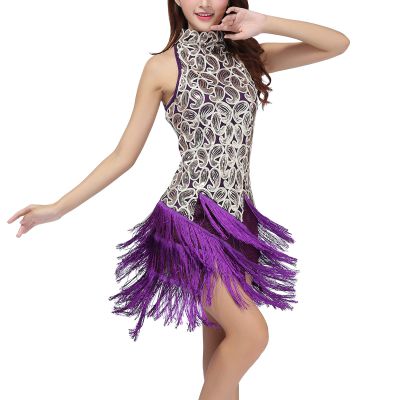 Women Latin Dance Dress Adult Shiny Sequin Fringe Tassel 1920s Flapper Sleeveless Halter Neck Salsa Tango Samba Cha Cha Rumba Ballroom Dancewear Stage Performance Costume Purple L