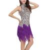 Women Latin Dance Dress Adult Shiny Sequin Fringe Tassel 1920s Flapper Sleeveless Halter Neck Salsa Tango Samba Cha Cha Rumba Ballroom Dancewear Stage Performance Costume Purple L view 2