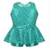 TiaoBug Kids Sequined Modern Tap Dress Criss Cross Back Jazz Ballet Leotard Shorts Dance Wear Performance Costumes Lake Green 16 view 1