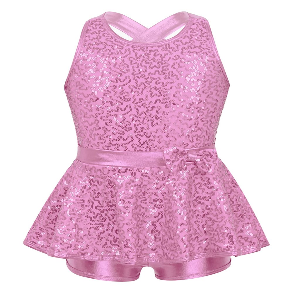 TiaoBug Kids Sequined Modern Tap Dress Criss Cross Back Jazz Ballet Leotard Shorts Dance Wear Performance Costumes Pink 14