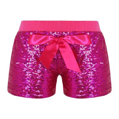 Aislor Girl's Boy's Athletic Dance Shorts Pull On Shiny Sequin Shorts Training Gymnastics Short Hot Pants with Bowknot Hot Pink 7-8 Years