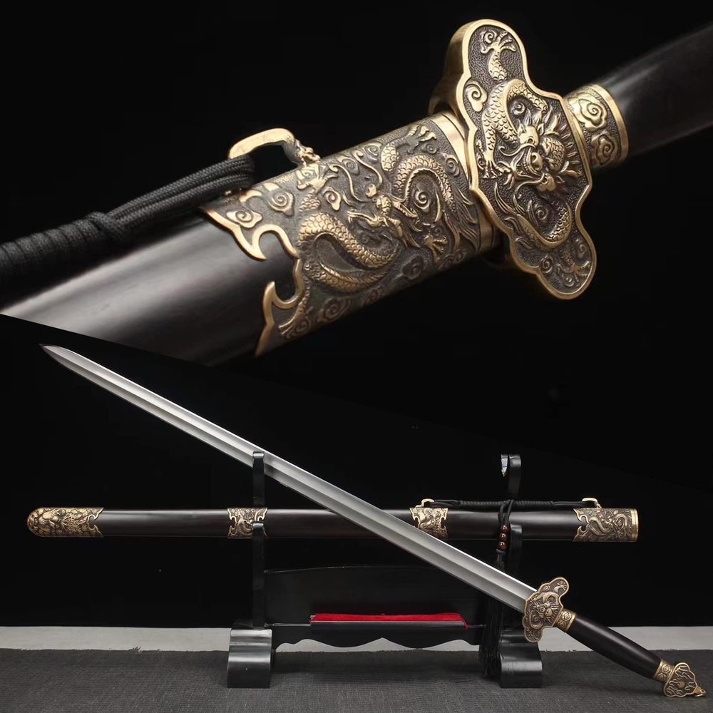 HERO SWORD Handmade Qing Dynasty Jian Bai Lian Folded Steel Chinese Sword Copper Sword Fittings Dragon Knife Double Groove Full Tang Blade Very Sharp