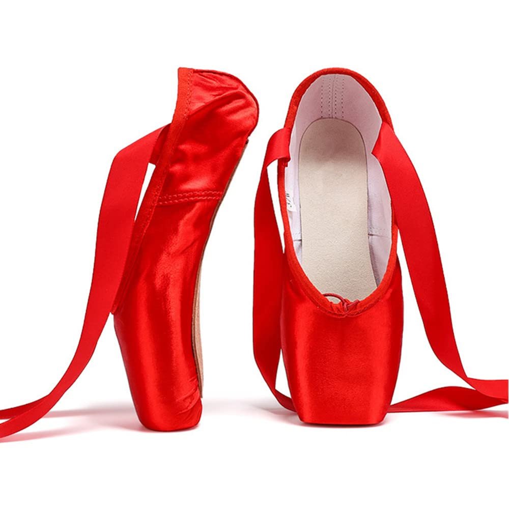 TangDao Girl's Professional Canvas Ballet Dance Toe Shoes Professional Satin Pink Ballet Pointe Ballet Flats Shoes with Ribbons(4.5 M US Big Kid,Red A)