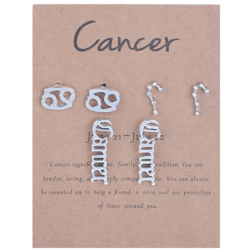3 Pairs New Card Packaging Horoscope Zodiac Stud Earrings 12 Constellation Astrology 18K Gold Plated Little Ear Stud for Women Friendship Jewelry Gift-Cancer