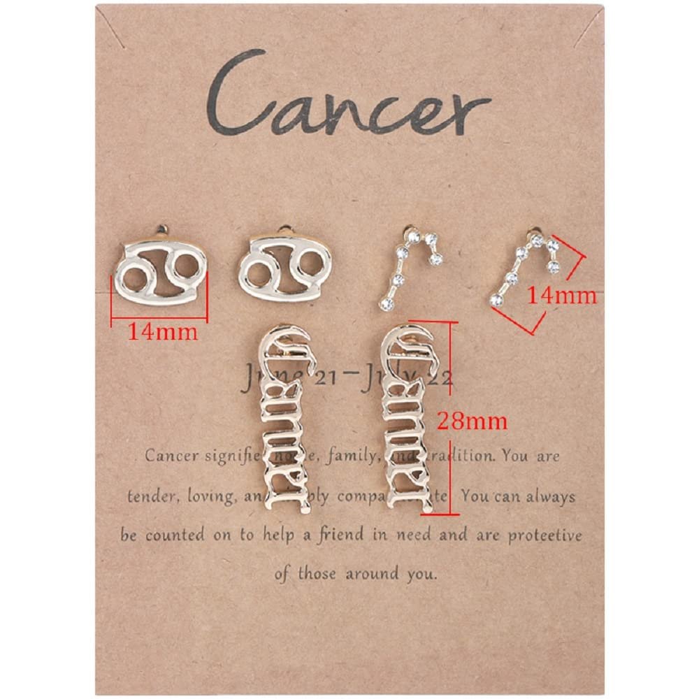3 Pairs New Card Packaging Horoscope Zodiac Stud Earrings 12 Constellation Astrology 18K Gold Plated Little Ear Stud for Women Friendship Jewelry Gift -Cancer gold