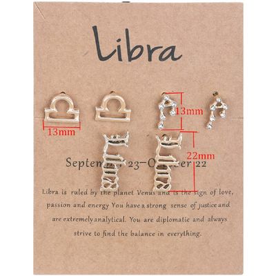 3 Pairs New Card Packaging Horoscope Zodiac Stud Earrings 12 Constellation Astrology 18K Gold Plated Little Ear Stud for Women Friendship Jewelry Gift-Libra gold
