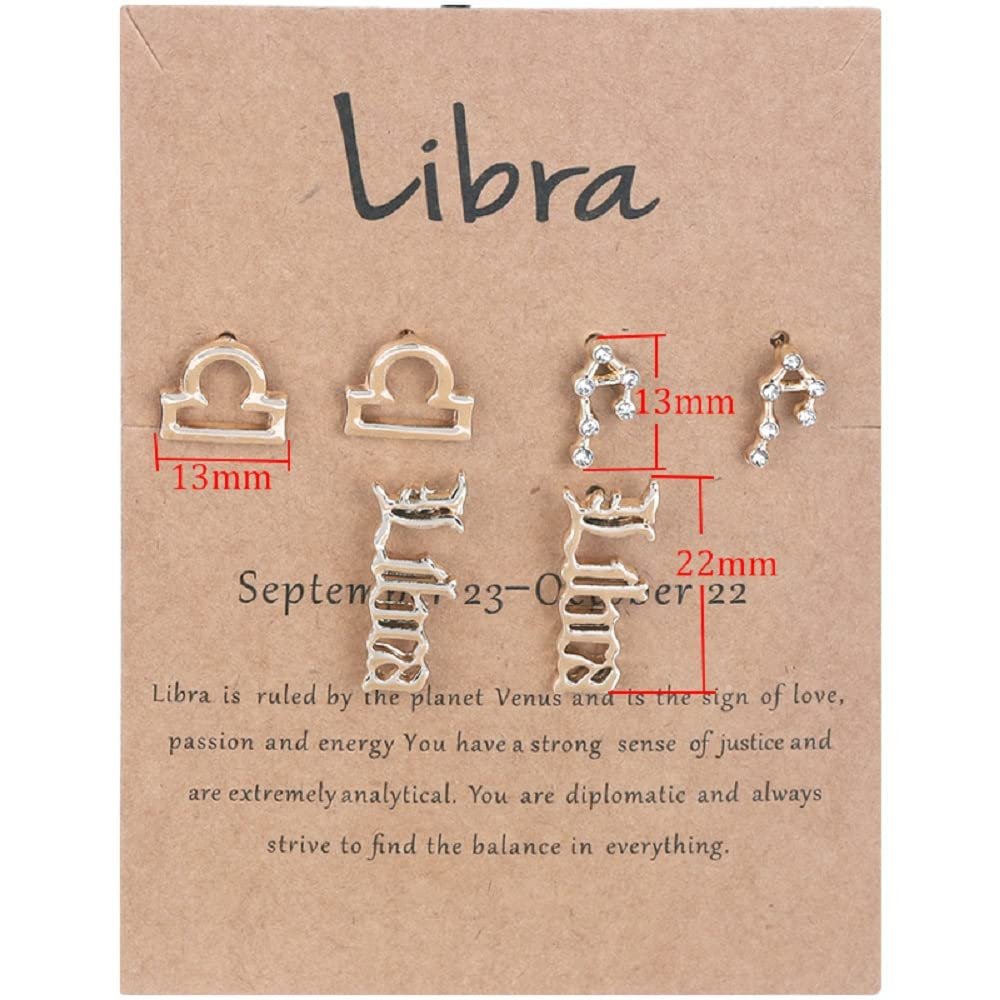 3 Pairs New Card Packaging Horoscope Zodiac Stud Earrings 12 Constellation Astrology 18K Gold Plated Little Ear Stud for Women Friendship Jewelry Gift-Libra gold