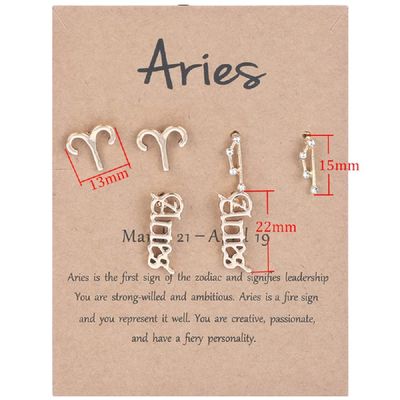3 Pairs New Card Packaging Horoscope Zodiac Stud Earrings 12 Constellation Astrology 18K Gold Plated Little Ear Stud for Women Friendship Jewelry Gift - Aries gold