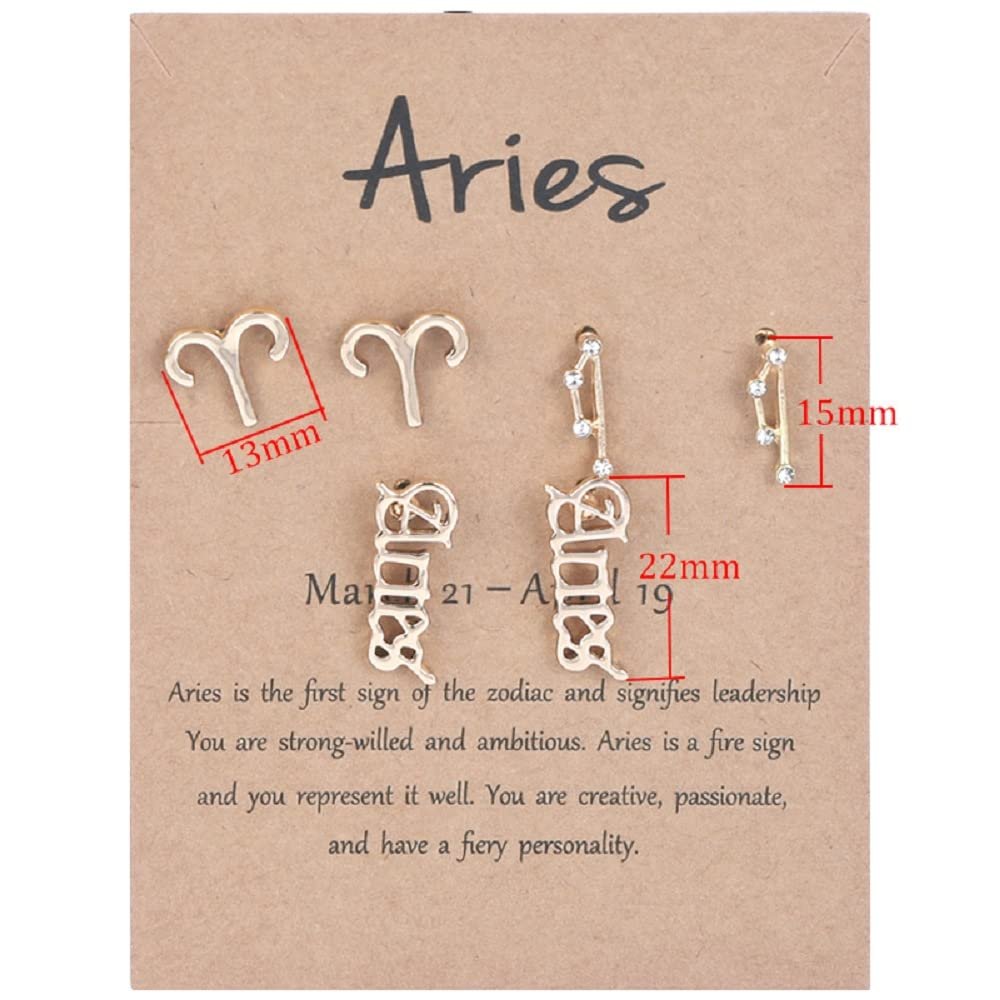 3 Pairs New Card Packaging Horoscope Zodiac Stud Earrings 12 Constellation Astrology 18K Gold Plated Little Ear Stud for Women Friendship Jewelry Gift - Aries gold