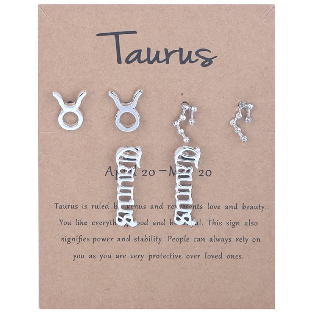 3 Pairs New Card Packaging Horoscope Zodiac Stud Earrings 12 Constellation Astrology 18K Gold Plated Little Ear Stud for Women Friendship Jewelry Gift- Taurus