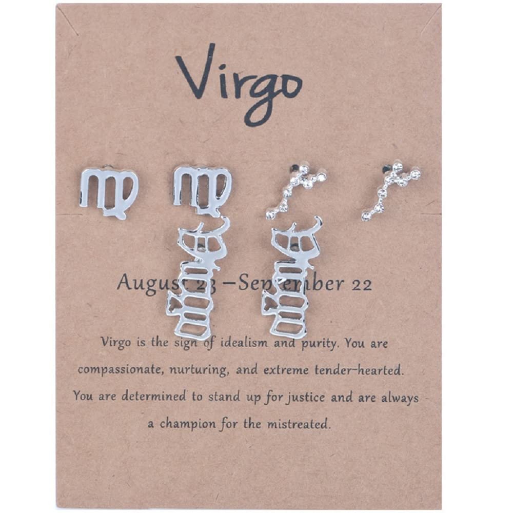 3 Pairs New Card Packaging Horoscope Zodiac Stud Earrings 12 Constellation Astrology 18K Gold Plated Little Ear Stud for Women Friendship Jewelry Gift -Virgo