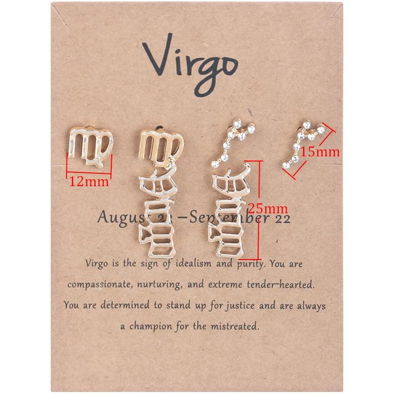 3 Pairs New Card Packaging Horoscope Zodiac Stud Earrings 12 Constellation Astrology 18K Gold Plated Little Ear Stud for Women Friendship Jewelry Gift -Virgo gold