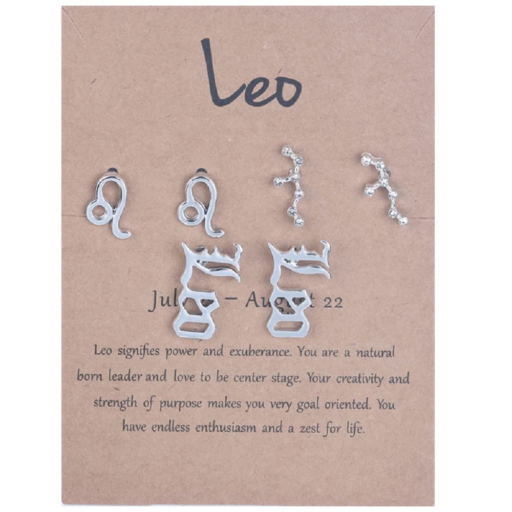 3 Pairs New Card Packaging Horoscope Zodiac Stud Earrings 12 Constellation Astrology 18K Gold Plated Little Ear Stud for Women Friendship Jewelry Gift -Leo