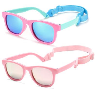 COASION 2 Pack Bendable Flexible Polarized Newborn Baby Sunglasses with Strap for Infant Boys Girls Age 0-24 Months (Pink-Green/Blue Mirror + Pink/Pink Mirror)