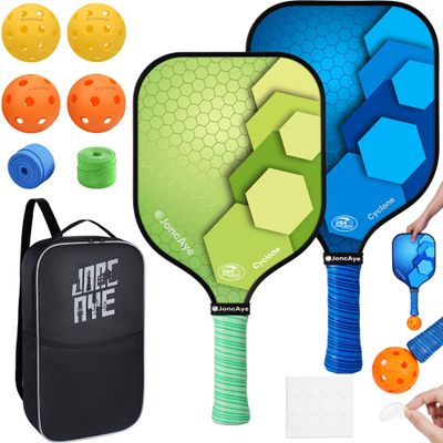 JoncAye Pickleball Paddles Set - 2 Carbon Fiber Rackets, 4 Outdoor Indoor Balls, Carry Case and Overgrips, All-in-One Pickle-Ball Equipment for Adult Beginners Intermediate