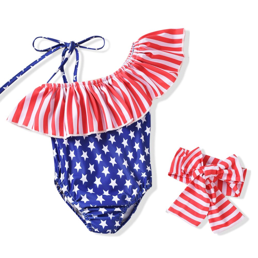 HINTINA Toddler Little Girls 4th Fourth of July One Piece Swimsuits Swimming Suit American Flag Off Shoulder Swimwear Beach Bathing Suit 2-3T