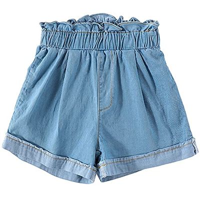 EISHOW Little Girl Cotton Denim Shorts Elastic High Waist Ruffle Short Jeans Kids Summer Casual Pull on Denim Shorts (Ruffle-Light Blue,3Y,3 Years)