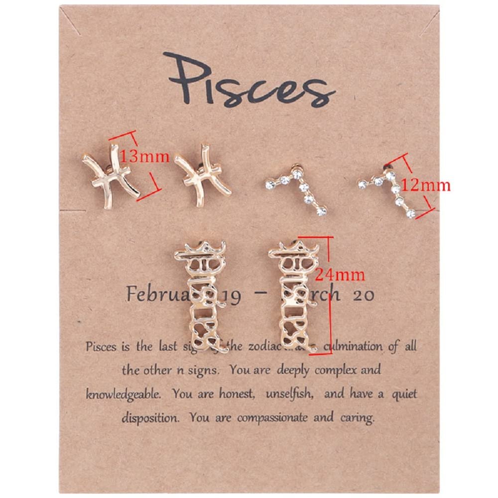 3 Pairs New Card Packaging Horoscope Zodiac Stud Earrings 12 Constellation Astrology 18K Gold Plated Little Ear Stud for Women Friendship Jewelry Gift -Pisces gold