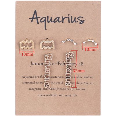 3 Pairs New Card Packaging Horoscope Zodiac Stud Earrings 12 Constellation Astrology 18K Gold Plated Little Ear Stud for Women Friendship Jewelry Gift -Aquarius gold
