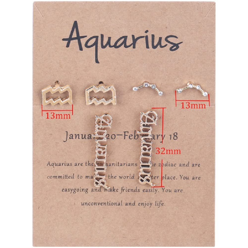 3 Pairs New Card Packaging Horoscope Zodiac Stud Earrings 12 Constellation Astrology 18K Gold Plated Little Ear Stud for Women Friendship Jewelry Gift -Aquarius gold
