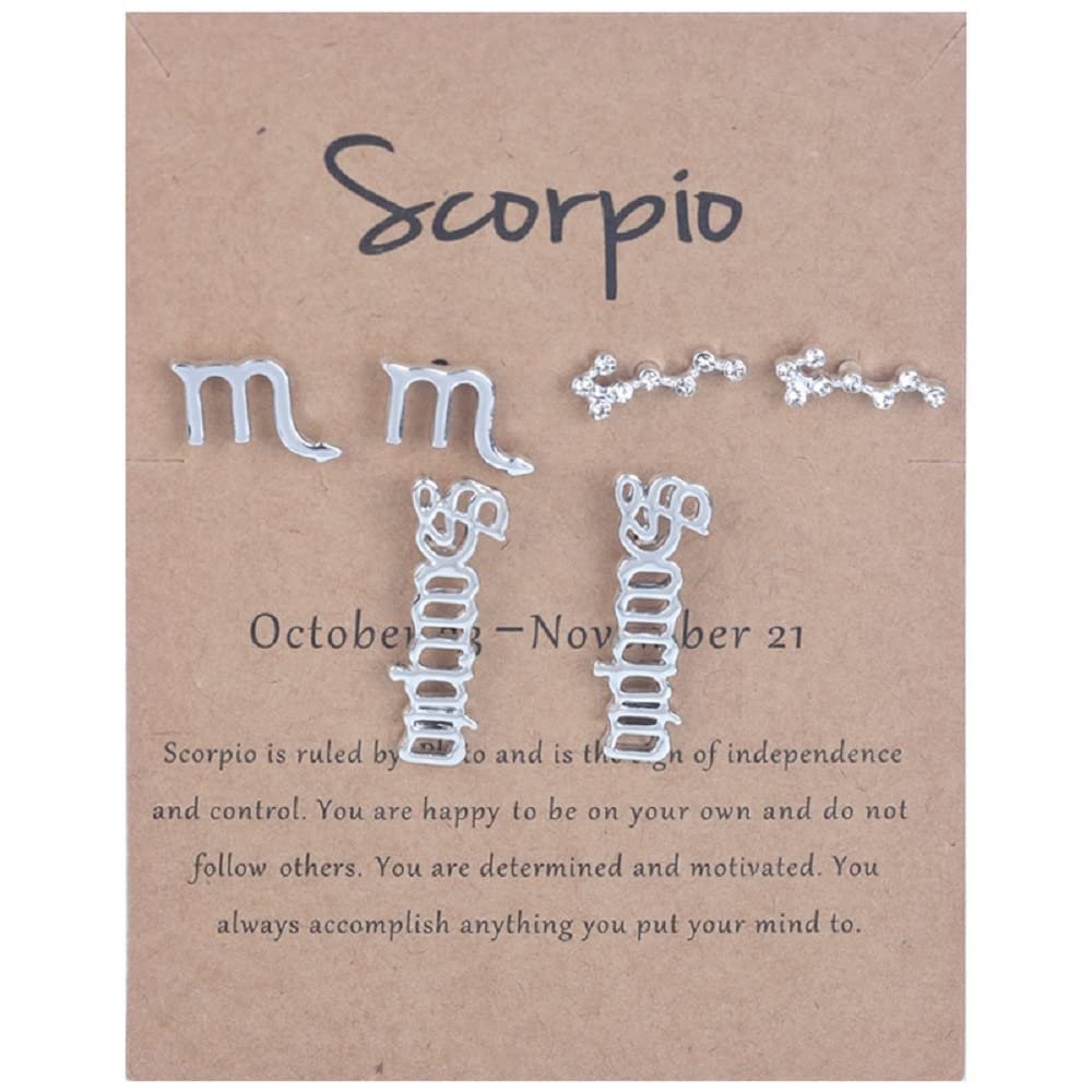 3 Pairs New Card Packaging Horoscope Zodiac Stud Earrings 12 Constellation Astrology 18K Gold Plated Little Ear Stud for Women Friendship Jewelry Gift -Scorpio