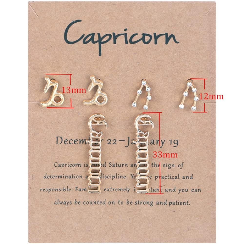 3 Pairs New Card Packaging Horoscope Zodiac Stud Earrings 12 Constellation Astrology 18K Gold Plated Little Ear Stud for Women Friendship Jewelry Gift-Capricorn gold
