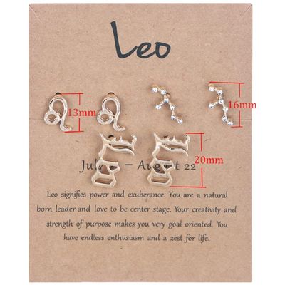 3 Pairs New Card Packaging Horoscope Zodiac Stud Earrings 12 Constellation Astrology 18K Gold Plated Little Ear Stud for Women Friendship Jewelry Gift -Leo gold