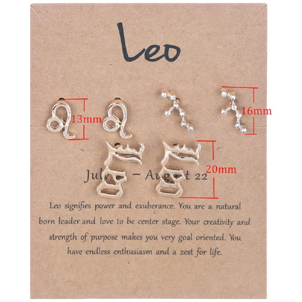 3 Pairs New Card Packaging Horoscope Zodiac Stud Earrings 12 Constellation Astrology 18K Gold Plated Little Ear Stud for Women Friendship Jewelry Gift -Leo gold