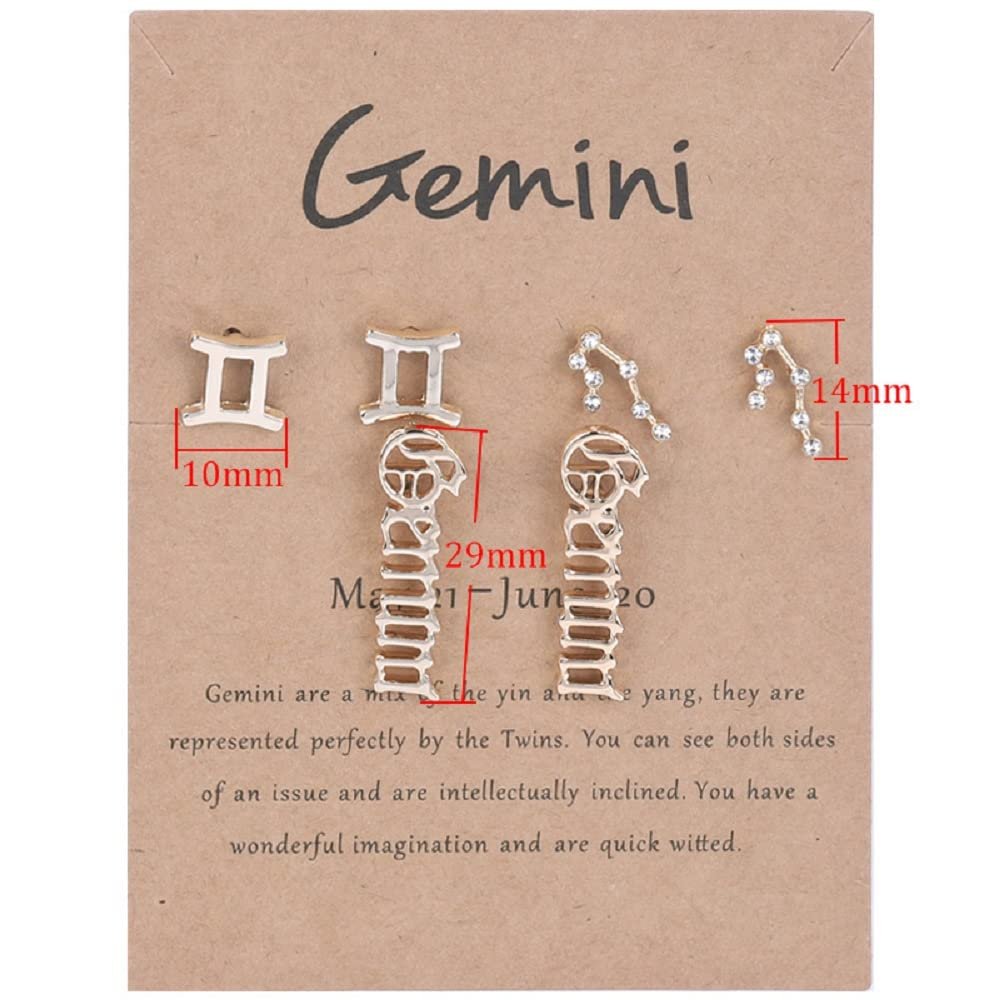 3 Pairs New Card Packaging Horoscope Zodiac Stud Earrings 12 Constellation Astrology 18K Gold Plated Little Ear Stud for Women Friendship Jewelry Gift -Gemini gold