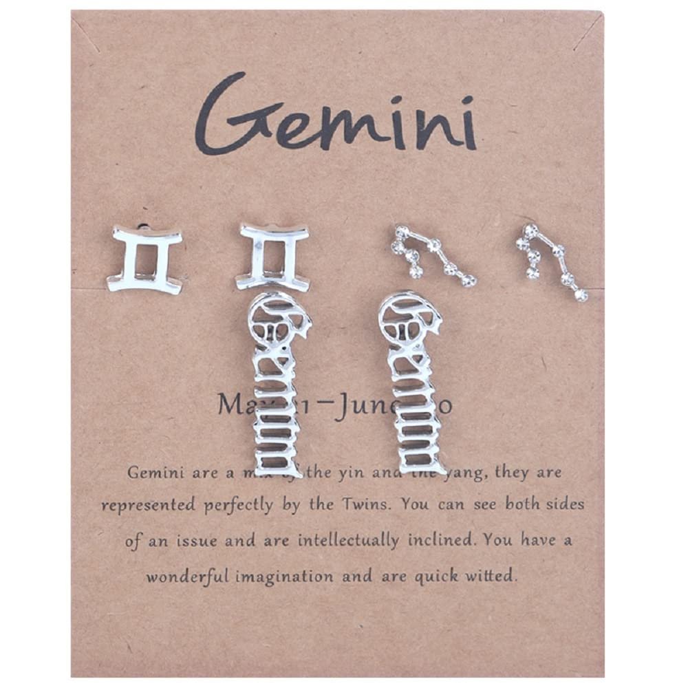 3 Pairs New Card Packaging Horoscope Zodiac Stud Earrings 12 Constellation Astrology 18K Gold Plated Little Ear Stud for Women Friendship Jewelry Gift -Gemini