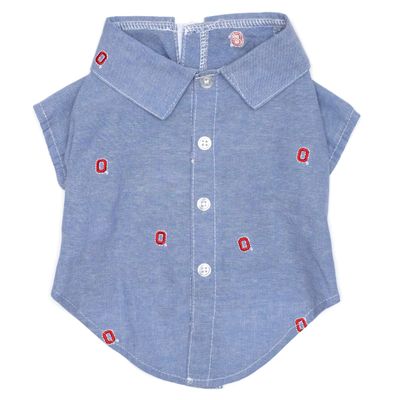 THE WORTHY DOG Ohio State Chambray Dog Shirt  Cotton Pet Dress with Bow, Machine Washable, DenimBlue, Medium