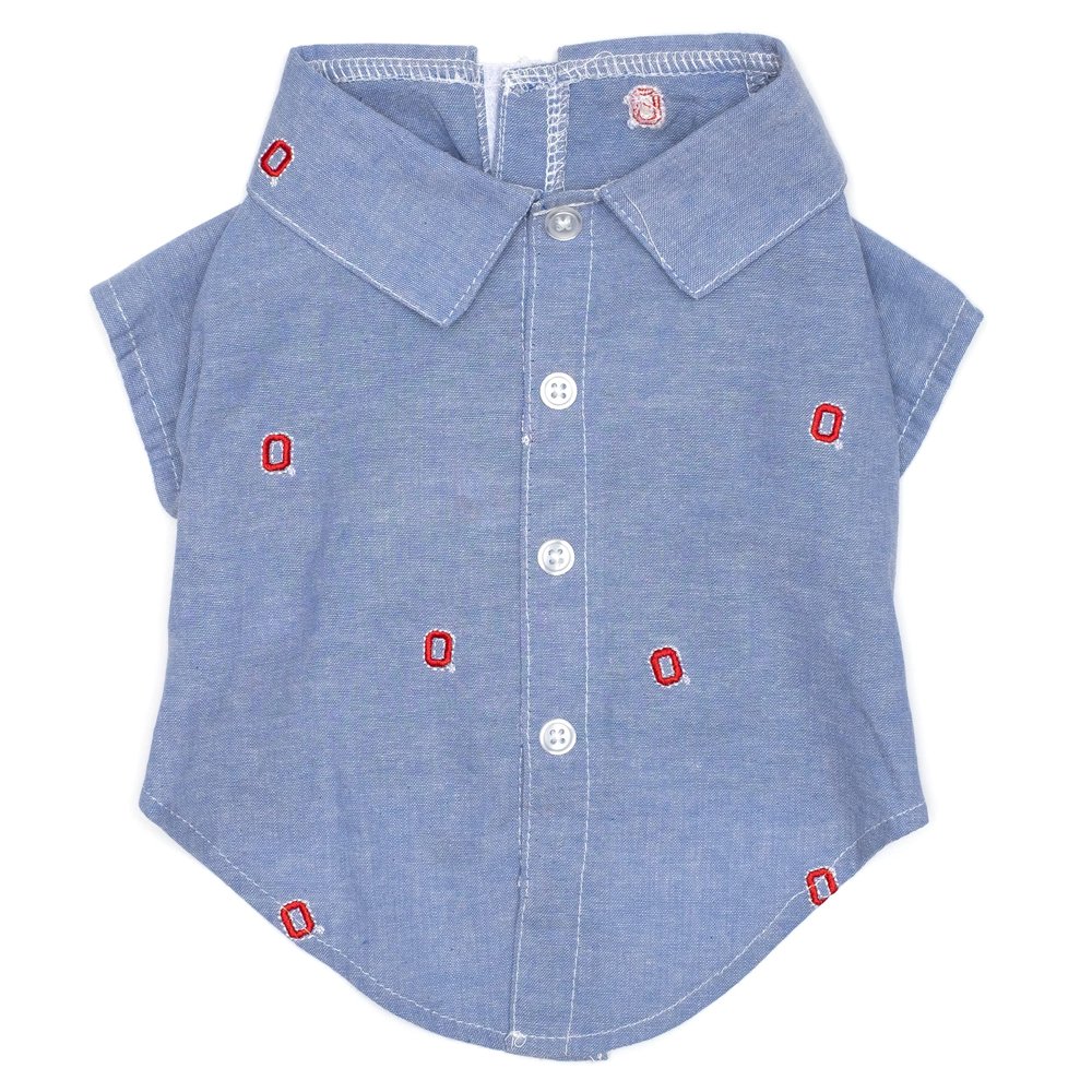 THE WORTHY DOG Ohio State Chambray Dog Shirt  Cotton Pet Dress with Bow, Machine Washable, DenimBlue, Medium