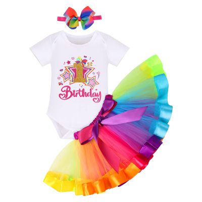 IMEKIS Rainbow Outfits for Baby Girl 1st Birthday Outfit Toddler Girl Cake Smash Stars Romper Tutu Skirt Bows Headband Photo Shoot Unicorn First Birthday Outfit Party One 1 Year