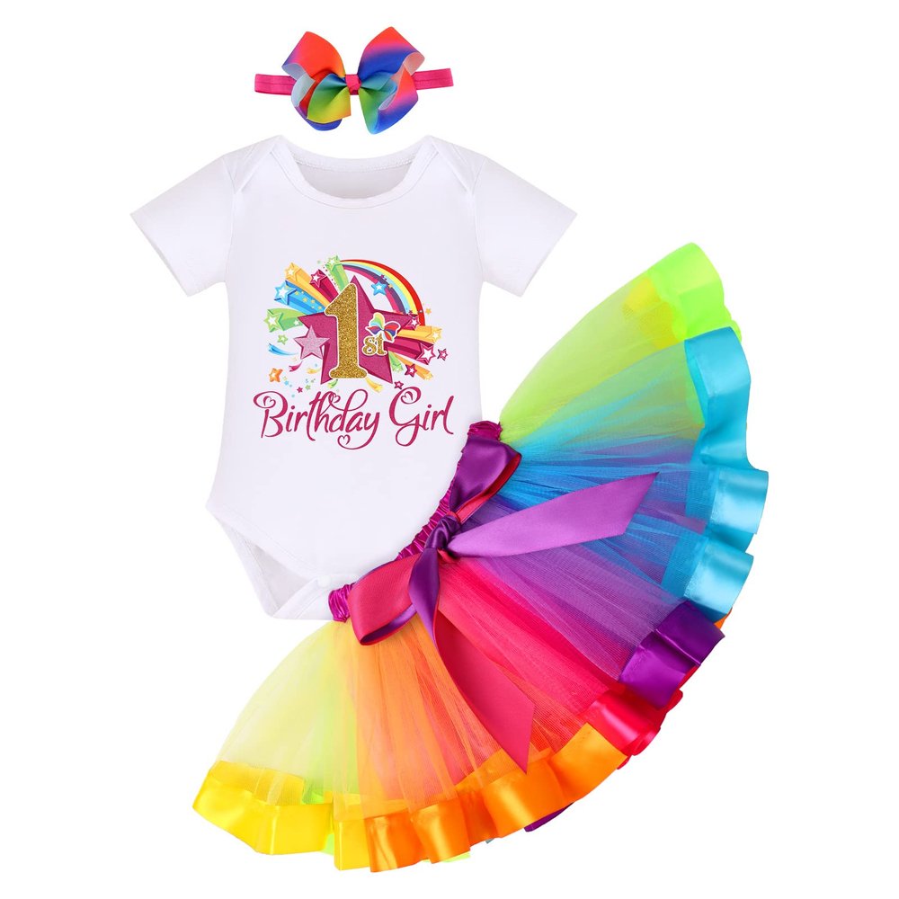 IMEKIS Rainbow Outfits for Baby Girl 1st Birthday Outfit Toddler Girl Cake Smash Stars Romper Tutu Skirt Bows Headband Photo Shoot Unicorn First Birthday Outfit Party Pink One 1 Year