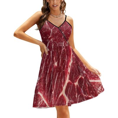 BAIKUTOUAN Beef Texture Meat Women's Sling Dress Sexy Deep V Design Tank-Dress with Adjustable Suspenders L