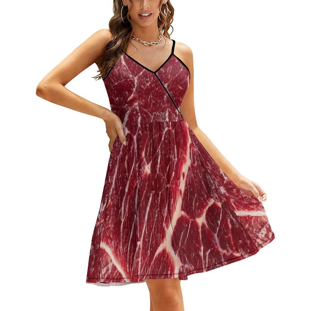 BAIKUTOUAN Beef Texture Meat Women's Sling Dress Sexy Deep V Design Tank-Dress with Adjustable Suspenders L