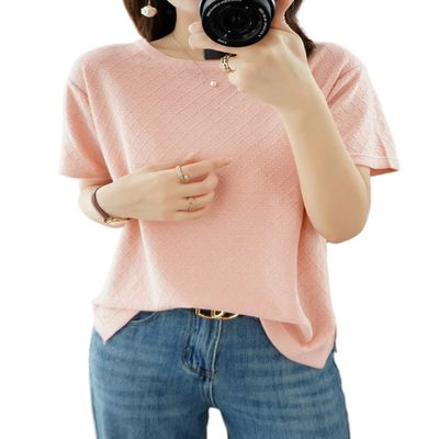 Ailaile Womens Short Sleeve Sweaters Tops Summer Thin Pullover Cotton Knit Shirt Crew Neck Lightweight Pointelle Blouse Pink