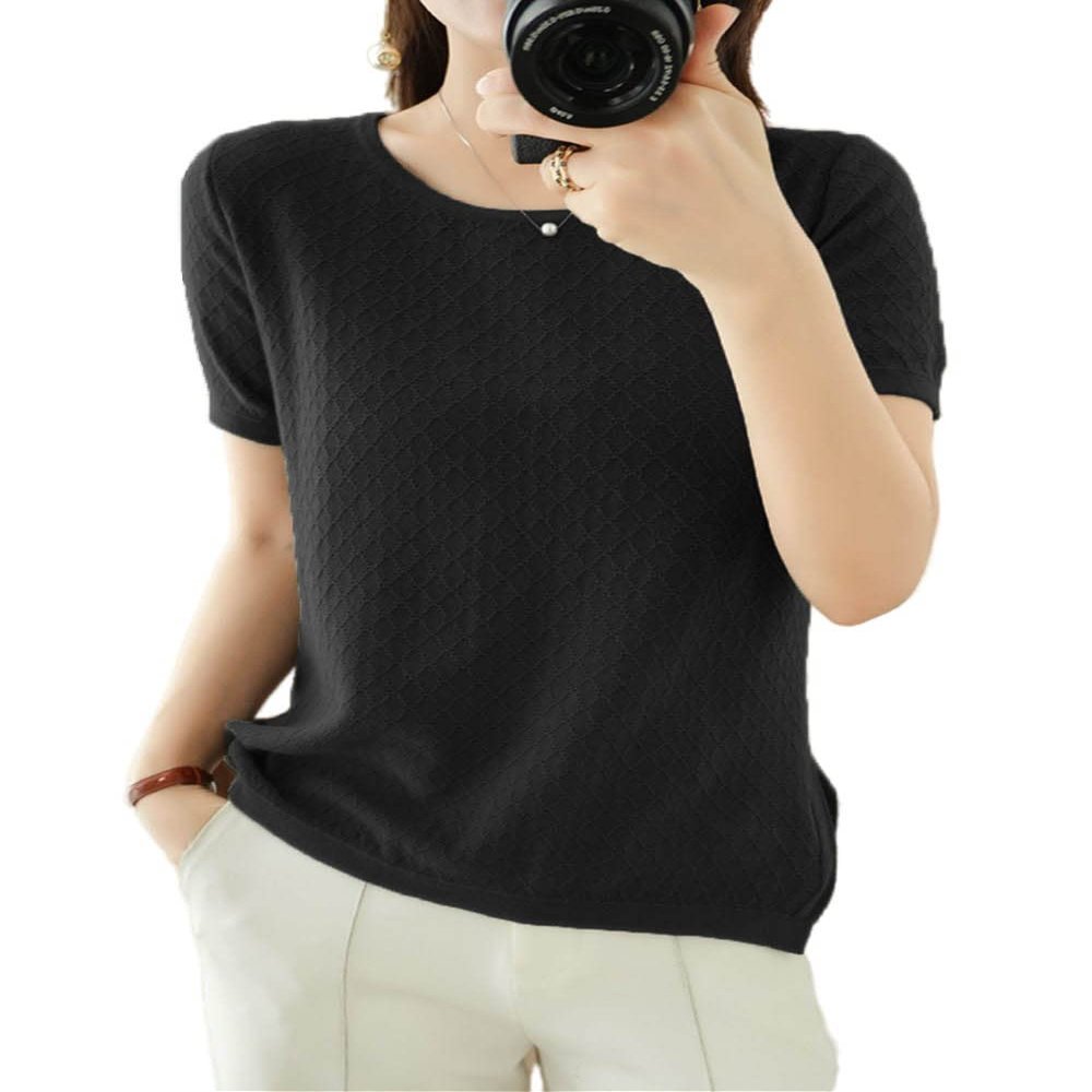 Ailaile Womens Short Sleeve Sweaters Tops Summer Thin Pullover Cotton Knit Shirt Crew Neck Lightweight Pointelle Blouse Black